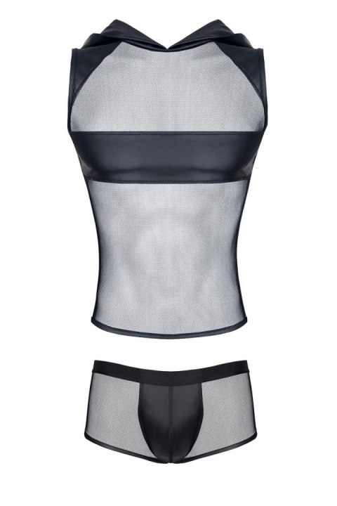 Męski komplet z elastycznej siatki i weetlooka: t-shirt z kapturem, szorty XXL