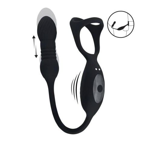 Vibrating and Thrusting Silicone Tri O Cockring with Prostate Stimulator - Black