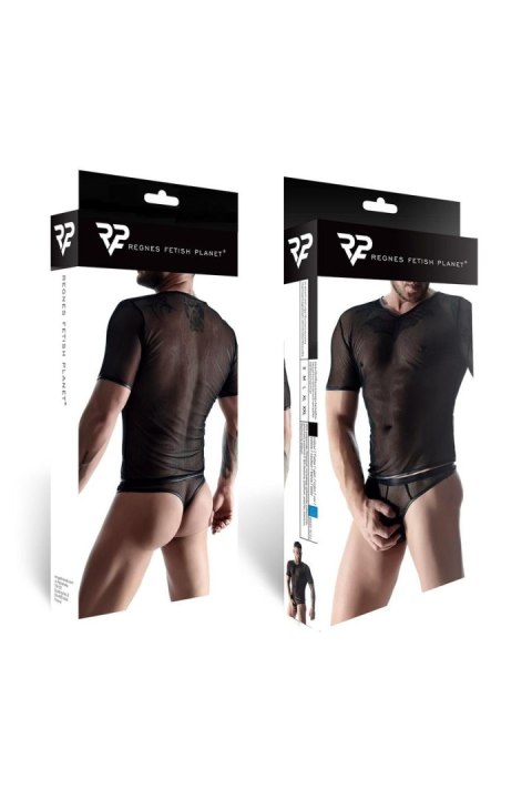 Męski komplet z elastycznej siatki: t-shirt w serek, stringi S