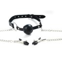 Breathable ball gag with adjustable nipple
clamps.