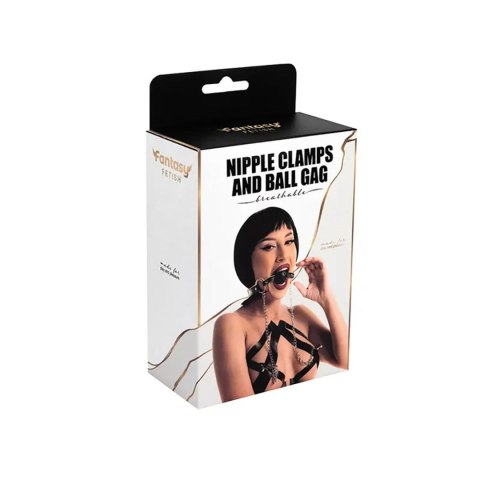 Breathable ball gag with adjustable nipple
clamps.