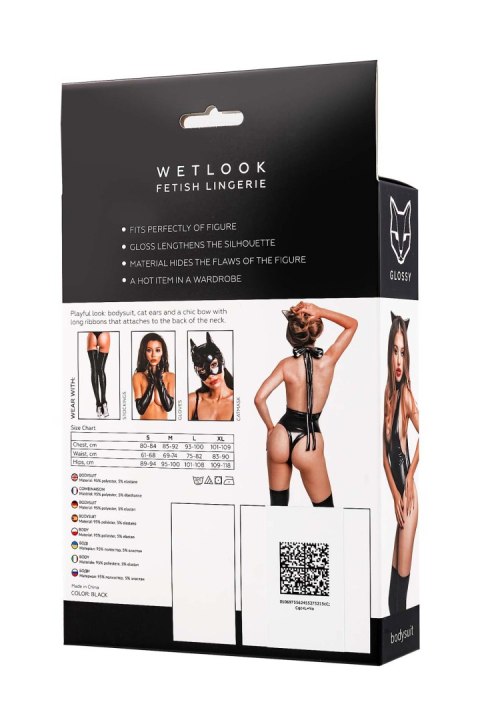 Glossy Kitti, bodysuit and cat ears, wetlook, black, S
