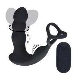 Dual Vibrating Remote Rotating Head Silicone Prostate Stimulator with Cock and Ball Ring - Black