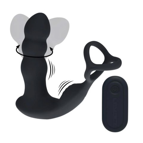 Dual Vibrating Remote Rotating Head Silicone Prostate Stimulator with Cock and Ball Ring - Black